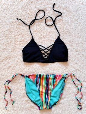 Y2K Vintage Strappy Bikini Halter Top Low-Rise Striped Ruched Bottoms 2PC XS/S